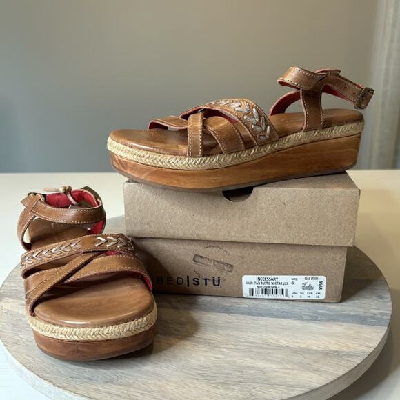 Bed Stu Necessary Wedge Sandals Tan Rustic Nectar Lux Leather Women’s Size 6 - Picture 1 of 12